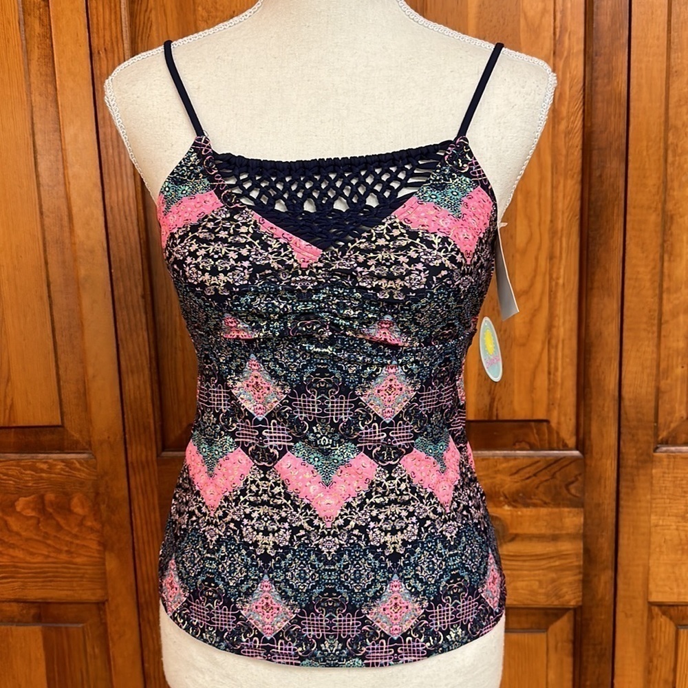Island Soul Macrame Navy Multi Metallic Tankini Top Small NWT